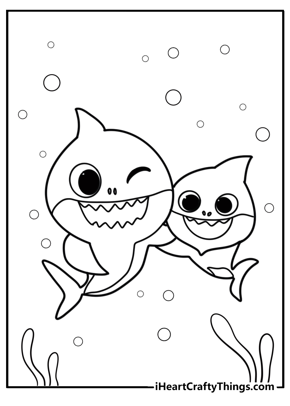 Baby shark and mommy shark swimming together coloring page