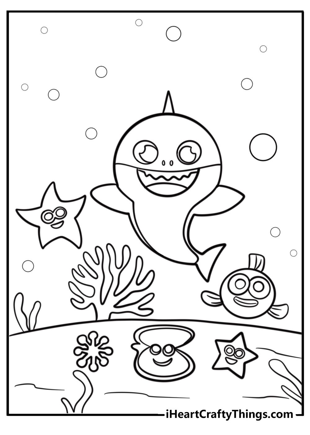 Baby shark and sea creatures having fun coloring page