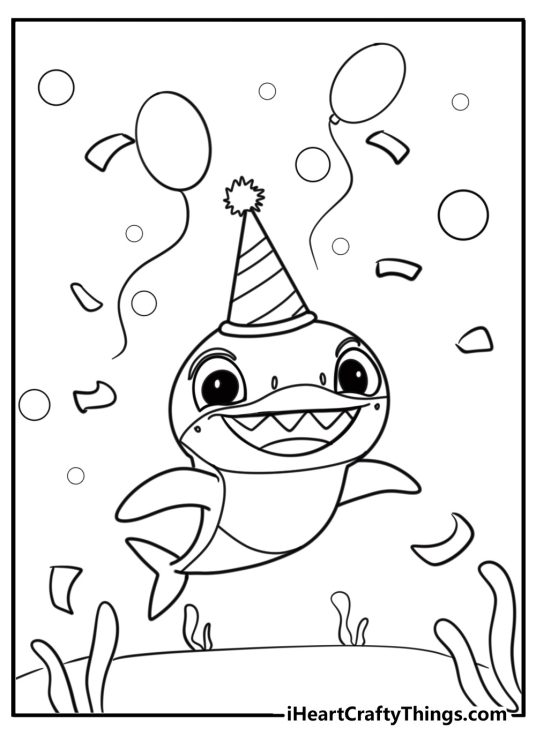 Baby shark celebrating with balloons and party hats coloring page