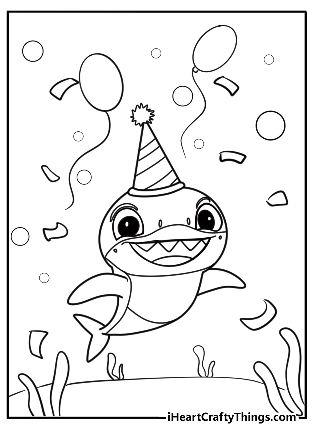 Baby shark celebrating with balloons and party hats coloring page