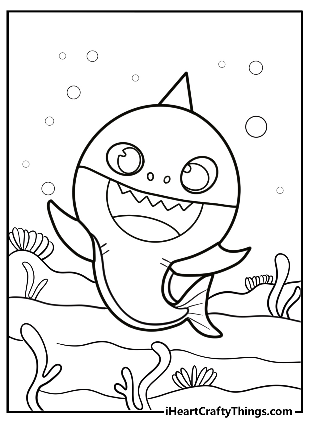 Baby shark exploring the ocean floor coloring page