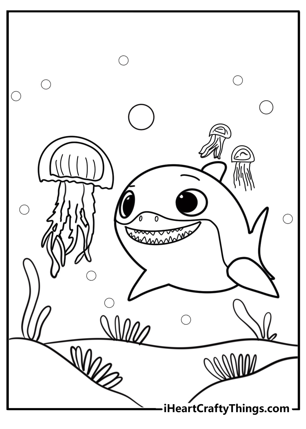 Baby shark playing with jellyfish under the sea coloring sheet