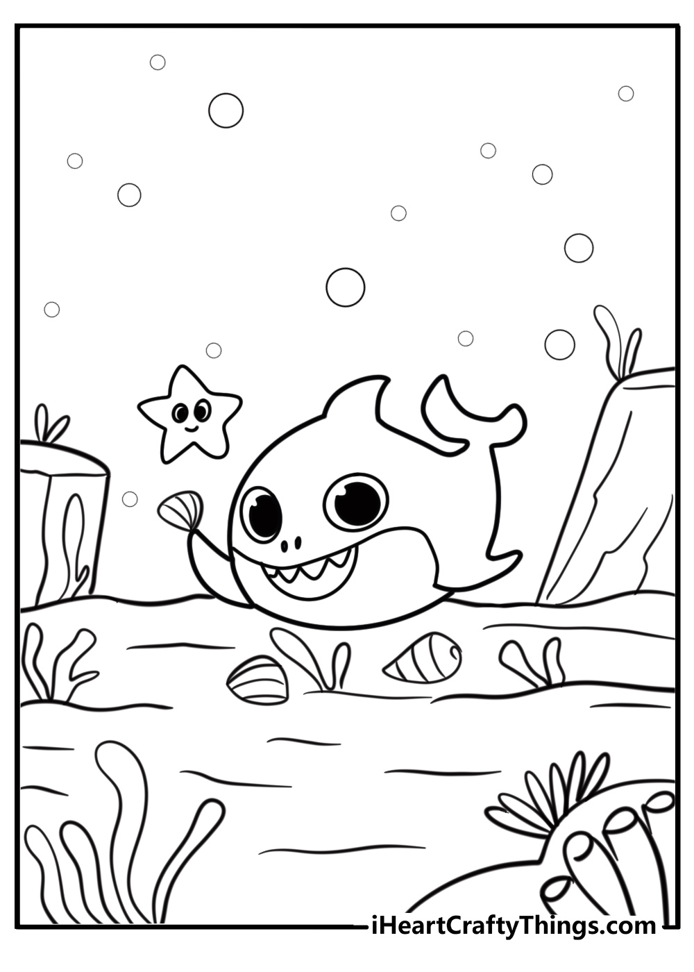 Baby shark playing with starfish and shells coloring page