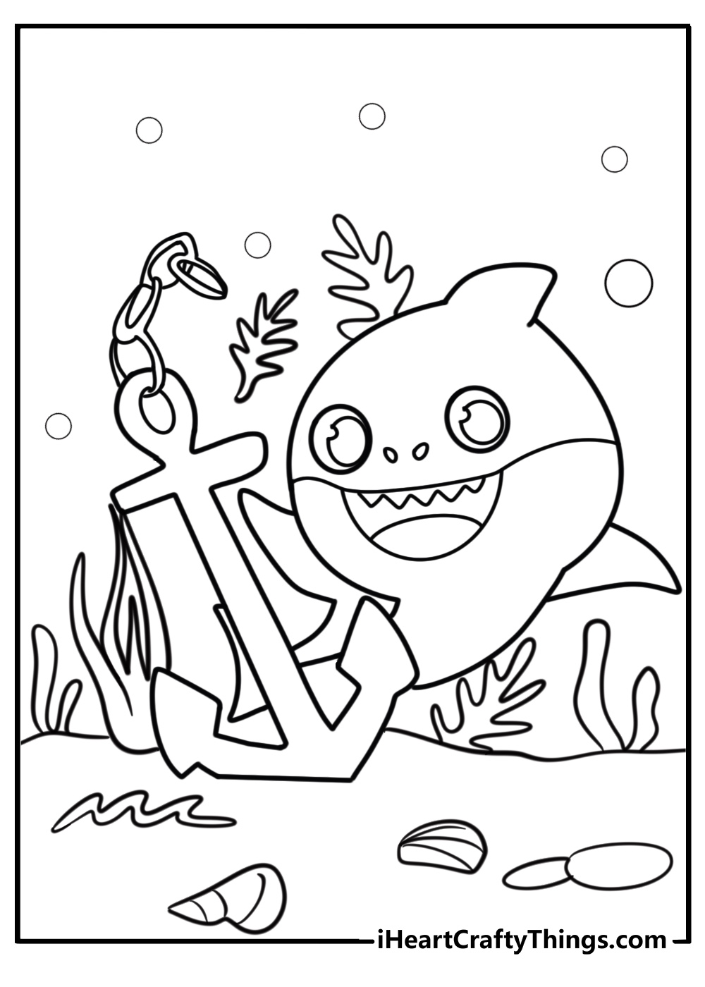 Baby shark swimming in the ocean coloring page