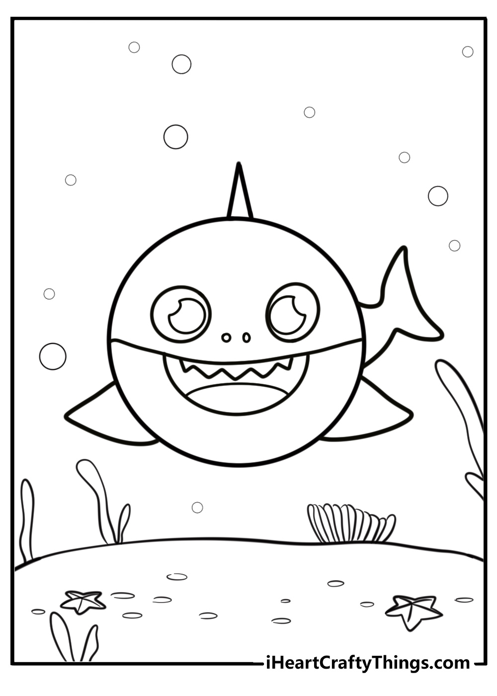 Baby shark with a big smile and bubbles coloring page