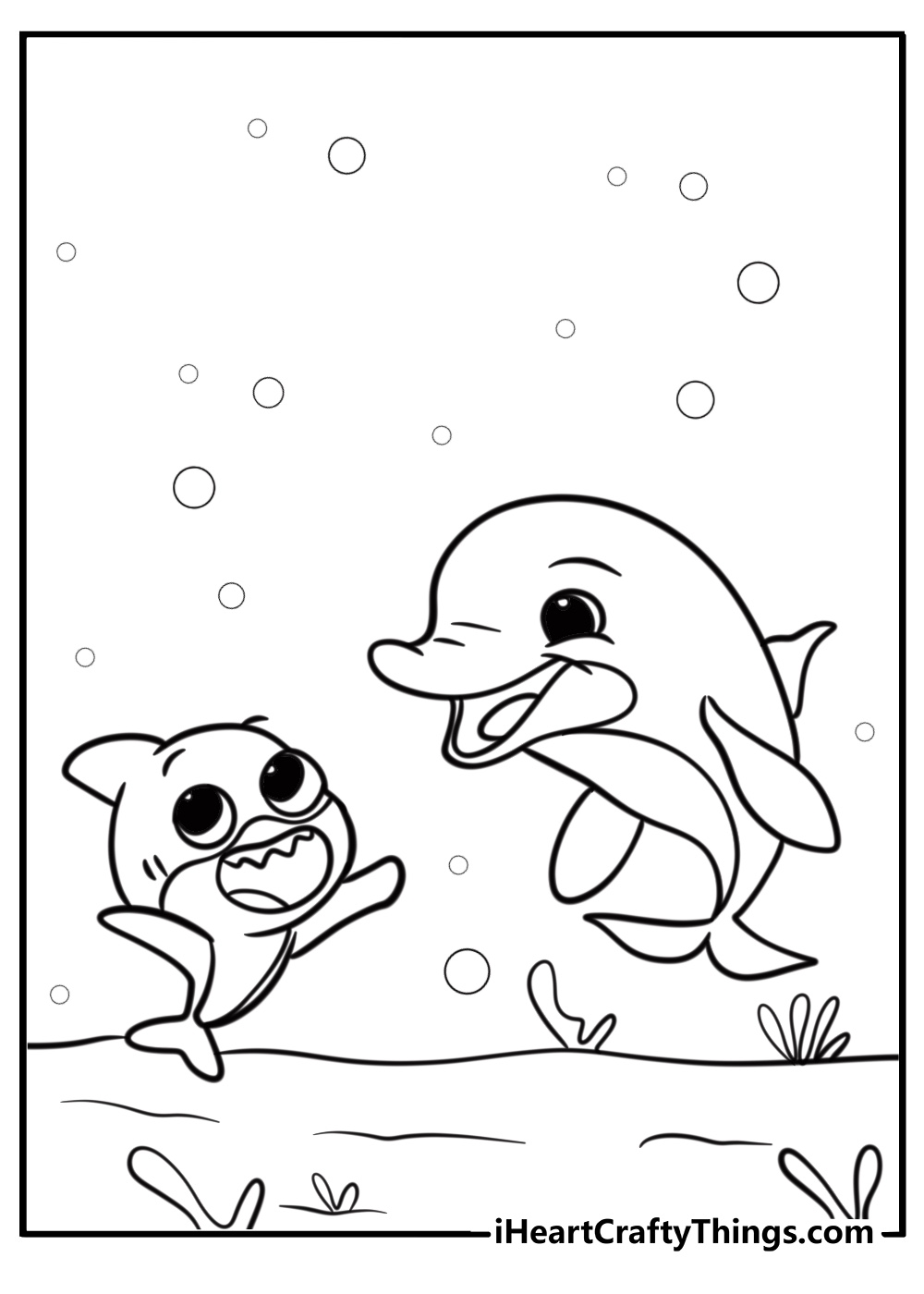 Baby shark with dolphins and bubbles coloring sheet