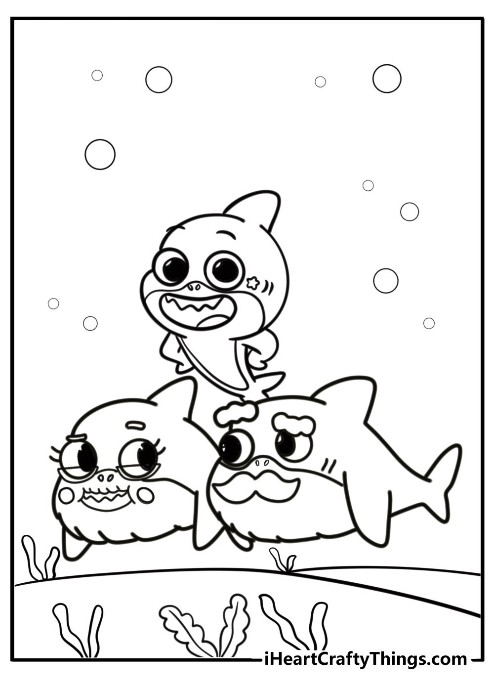 Baby shark with grandpa shark and grandma shark coloring page