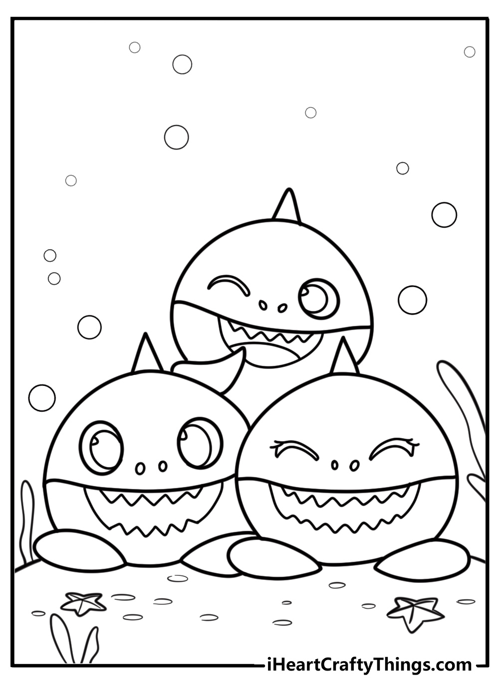 Baby shark with mommy shark and daddy shark coloring sheet