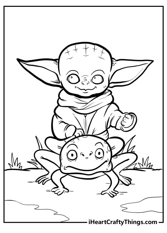 Free printable picture for kids featuring Baby Yoda riding a frog like a trusty steed