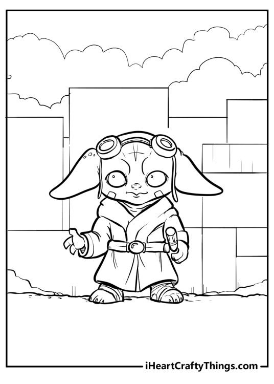 Detailed coloring image presenting Baby Yoda dressed in a Jedi robe with some goggles