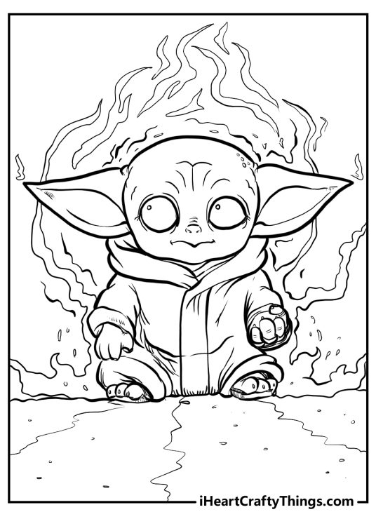 Detailed coloring drawing presenting Baby Yoda surrounded by the power of the Force swirling all around him