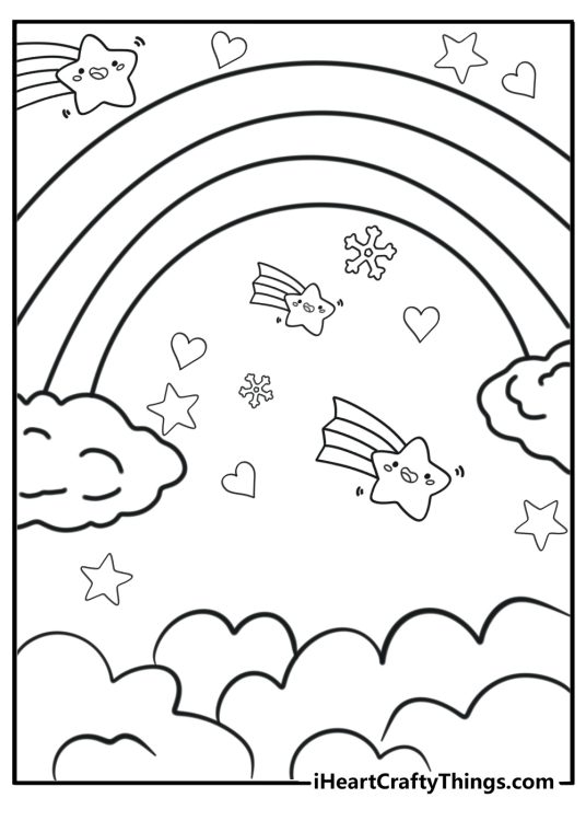 Printable coloring poster featuring big rainbow with various funny shapes surrounding it