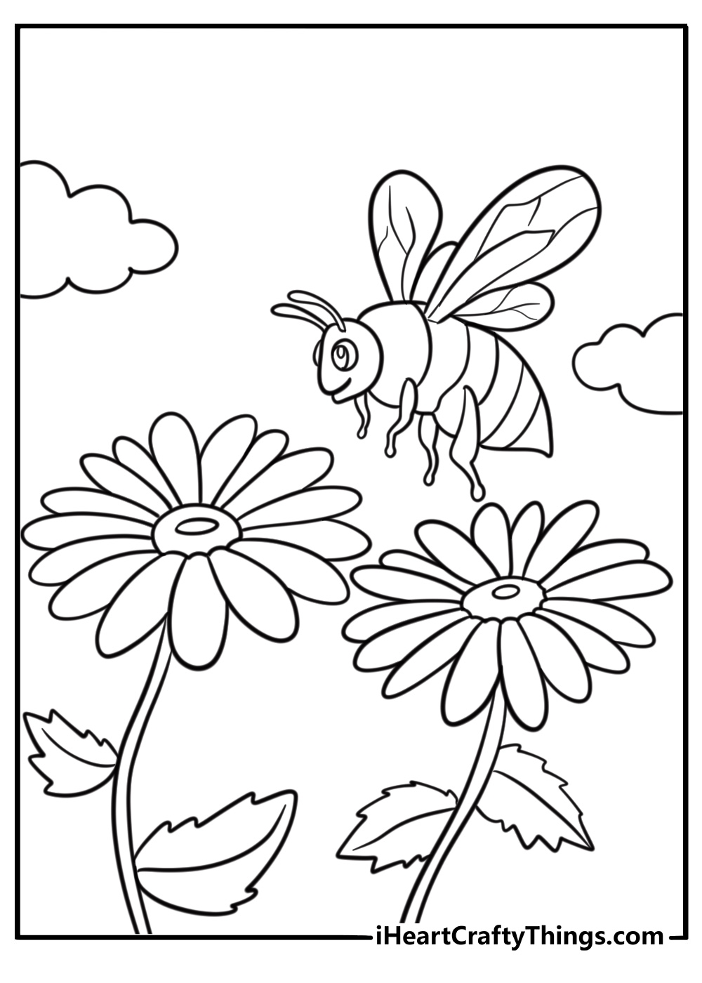Bee buzzing near a daisy April coloring sheet for kids