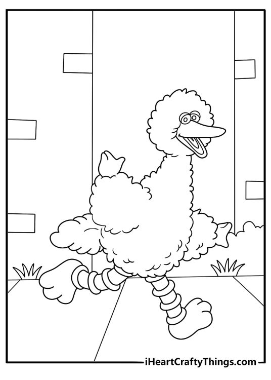 big bird walking down sesame street easy coloring page for kids