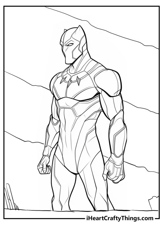 Coloring image presenting character Black Panther posing calmly with clenched fists