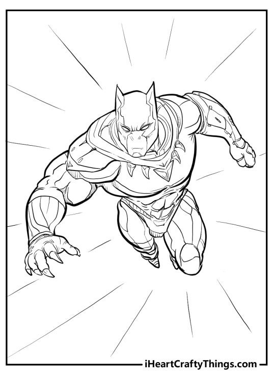 Detailed coloring sheet capturing serious-looking character Black Panther flying through the air