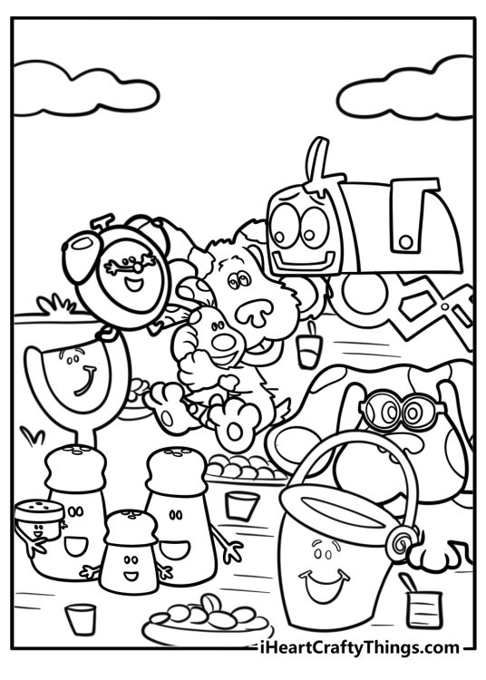 Blue and friends having a picnic fun coloring sheet