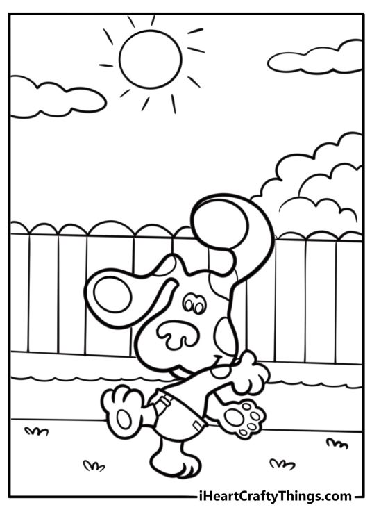 Blue dancing in a sunny backyard printable coloring page