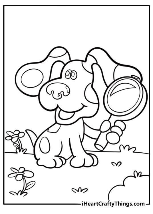 Blue finding a paw print clue coloring page for kids