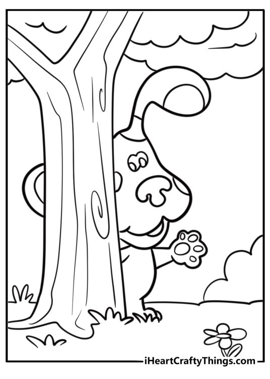 Blue peeking behind a tree fun coloring sheet