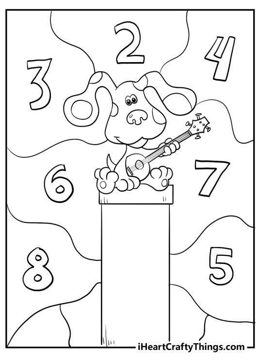 Blues Clues coloring page featuring Blue playing a guitar surrounded by numbers from 2 up to 8