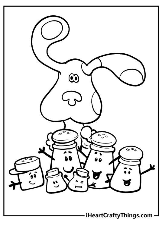 Blues Clues printable pdf featuring Blue surrounded by some salt and pepper shakers looking confused