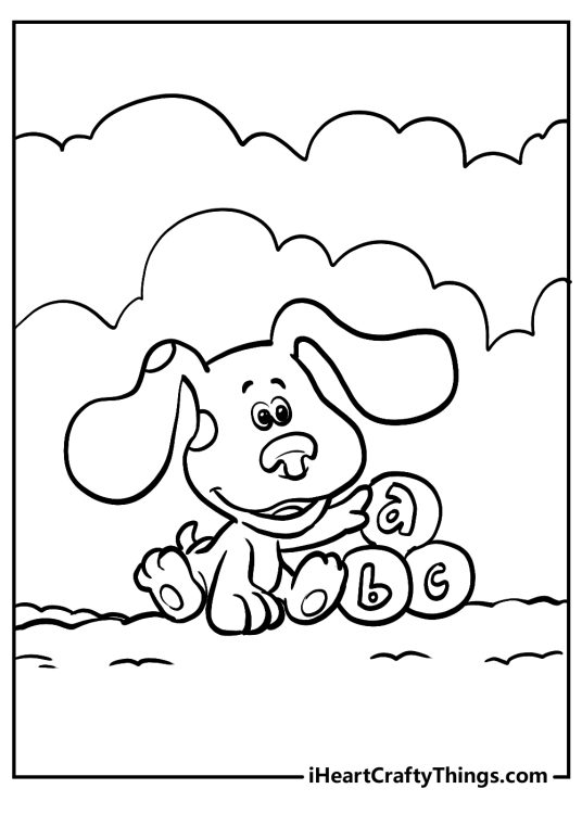 Blues Clues coloring page of a Blue moving around some balls with ABC letters on them