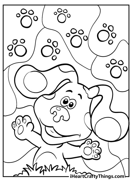 Blues Clues printable featuring happy Blue surrounded with pawprints and background separated into segments