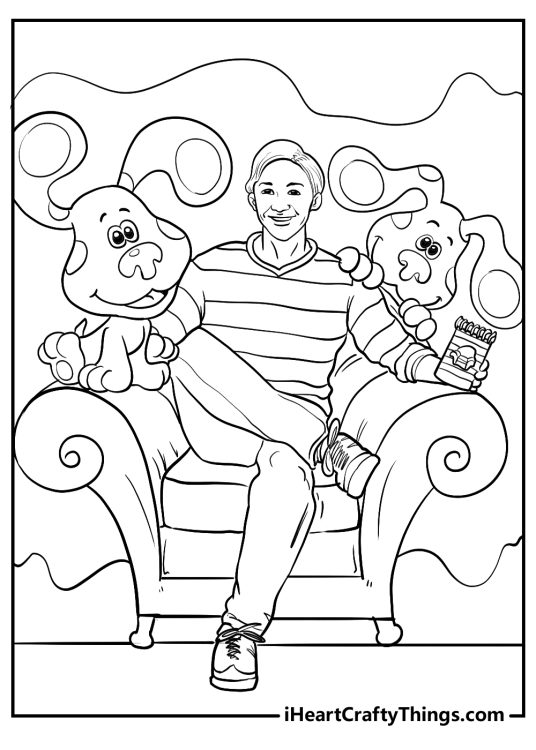 Detailed Blues Clues coloring page featuring a man sitting on the armchair joined by two dogs