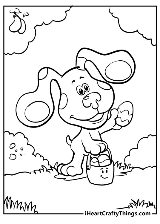 Free Blues Clues coloring printable showing Blue on an Easter egg hunt surrounded by nature