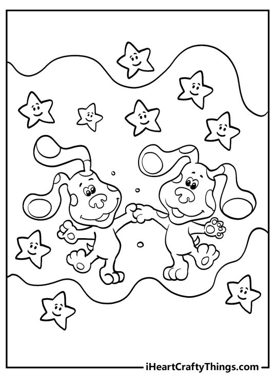Blues Clues-themed coloring page featuring two dancing dogs surrounded by smiling stars