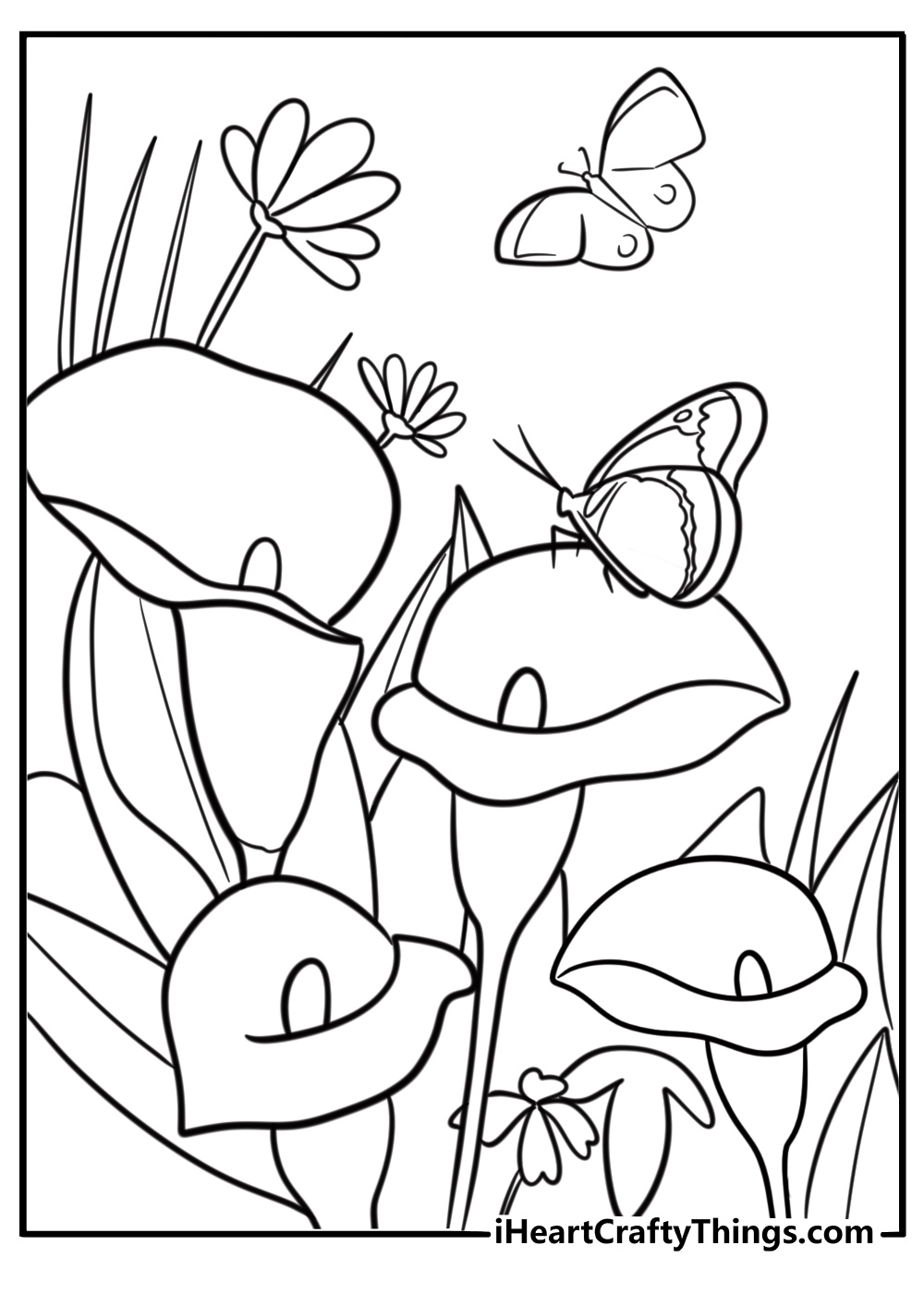 Butterfly flying over flowers April coloring sheet