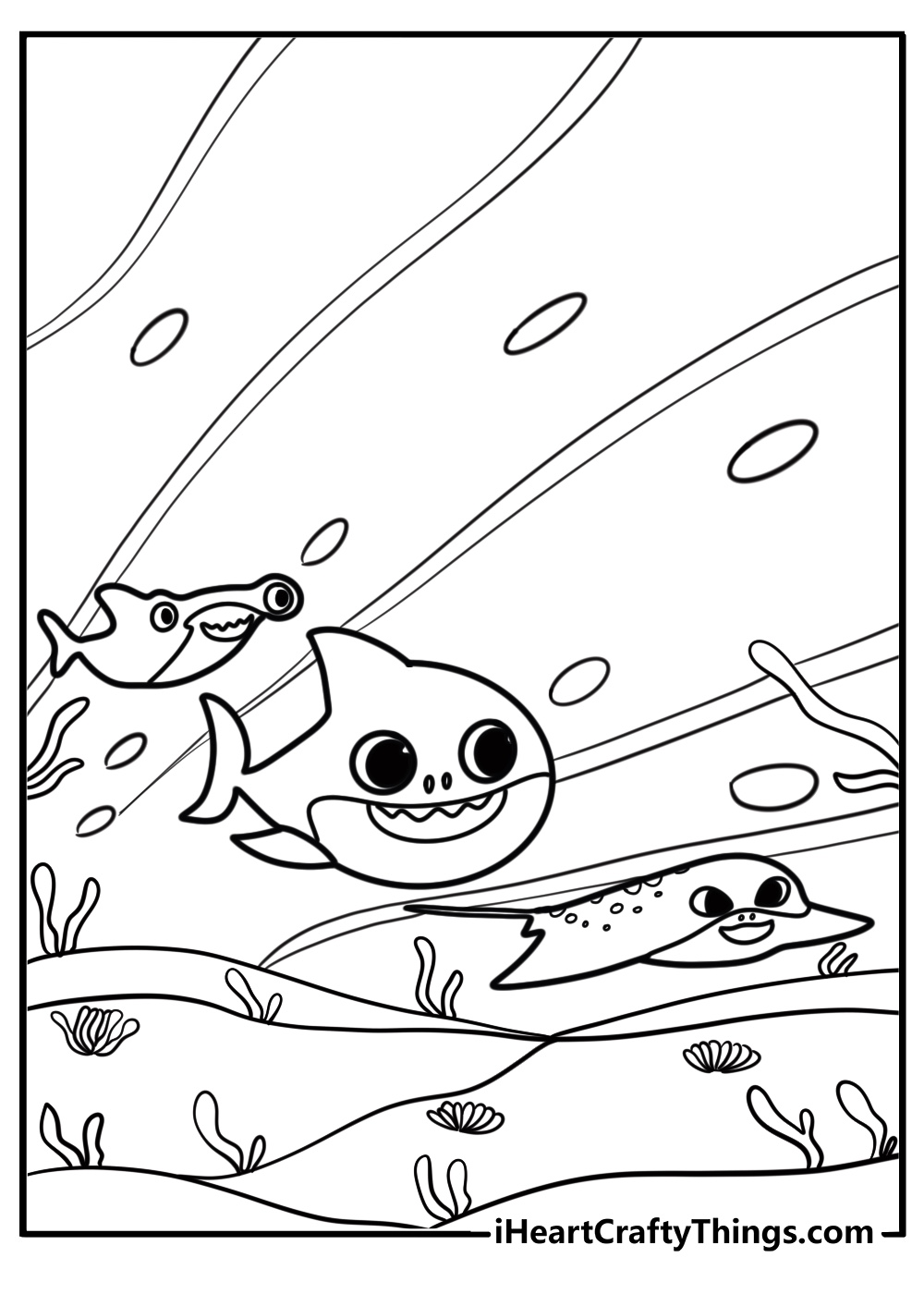 Cartoon baby shark swimming with fish coloring sheet