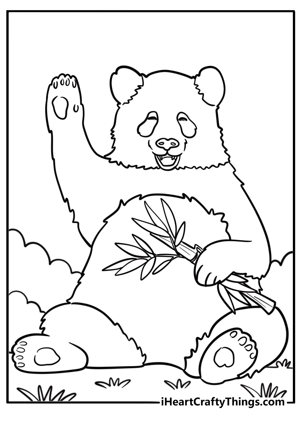 Cartoon giant panda waving with a big smile fun coloring page