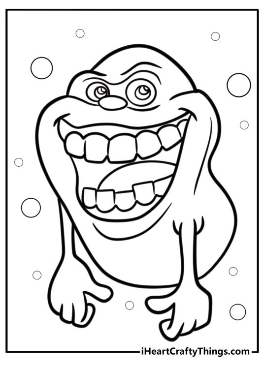 Cartoon slimer smiling with his big teeth detailed coloring sheet