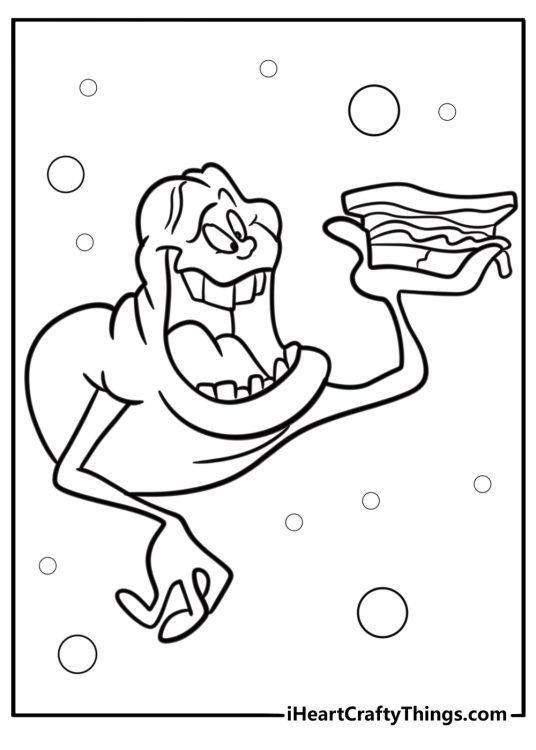 Cartoon version of slimer having fun free coloring page