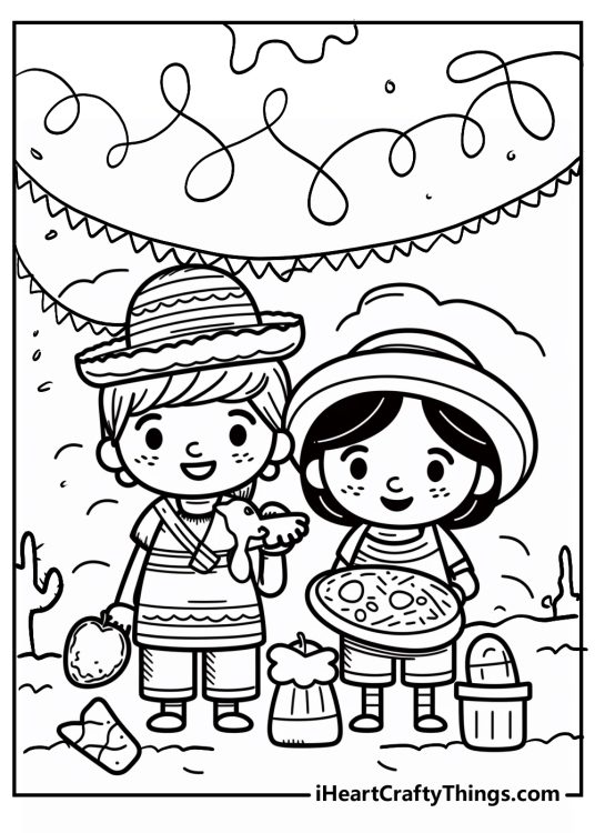 Cinco De Mayo coloring picture presenting two kids in traditional Mexican clothing setting up the celebrations