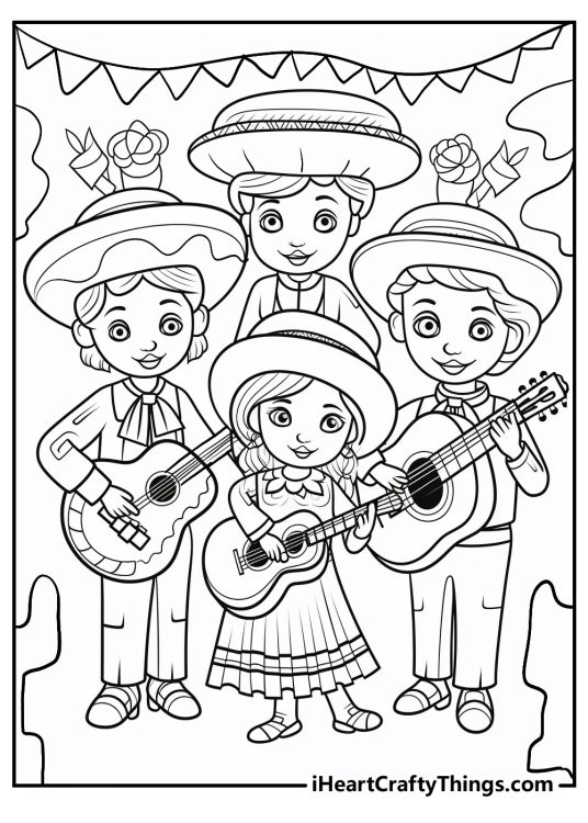 Cinco De Mayo coloring sheet showing a quartet of musicians playing guitars dressed in detailed traditional clothing