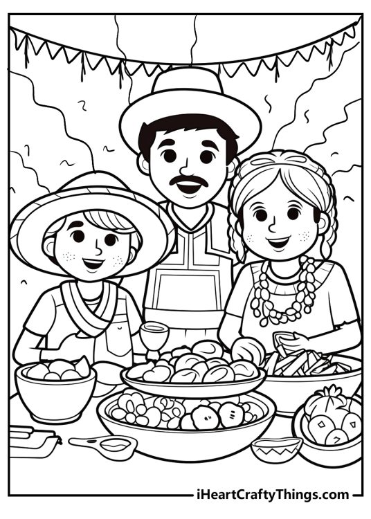 Cinco De Mayo-themed pdf presenting a man and two kids standing by a table with a a wonderful spread of food