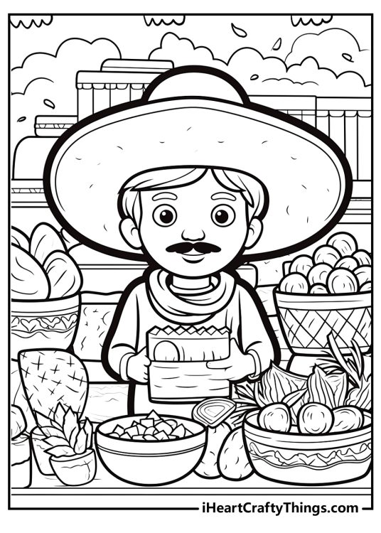 Cinco De Mayo coloring printable depicting a man standing by the counter and selling some food products
