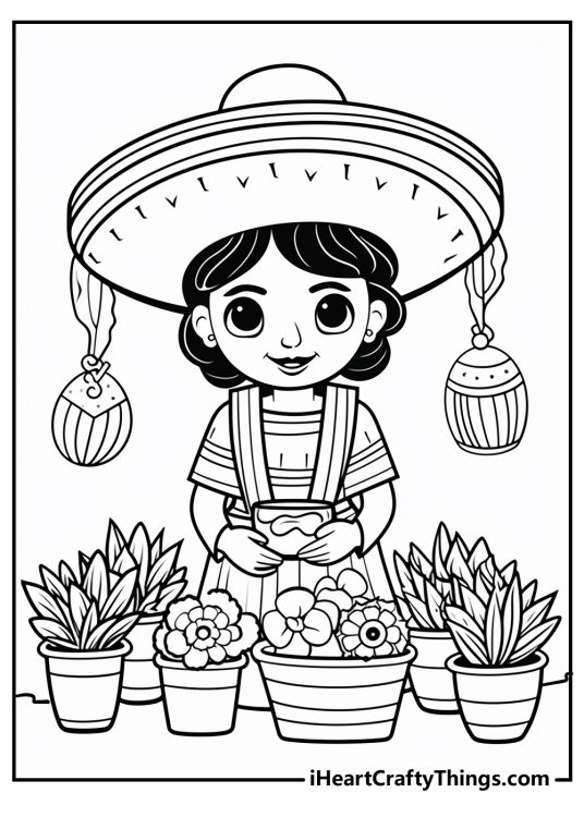 Cinco De Mayo printable of a a woman dressed in Mexican clothing doing some plant arrangements