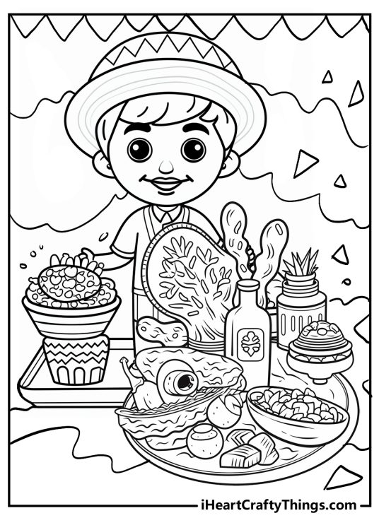 Cinco De Mayo poster depicting a guy in traditional Mexican clothing standing behind trays full of delicious snacks