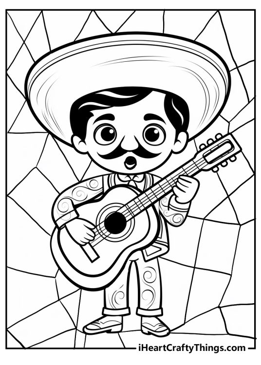 Cinco De Mayo picture to color presenting a man in traditional Mexican clothing playing guitar and singing