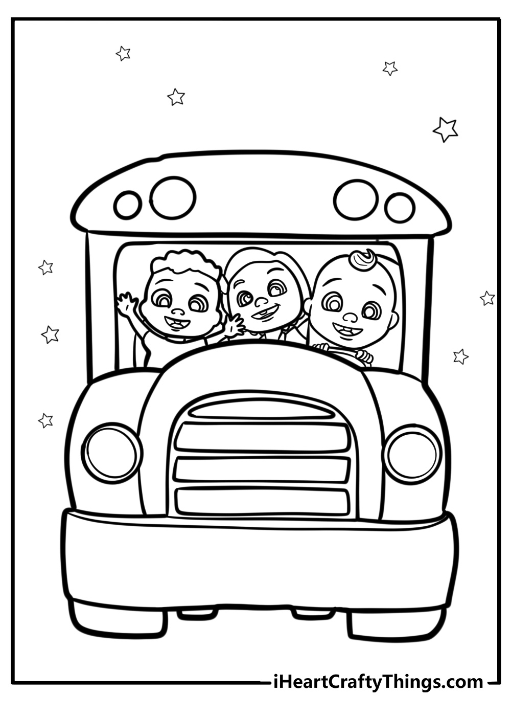 Cocomelon bus with smiling characters coloring sheet