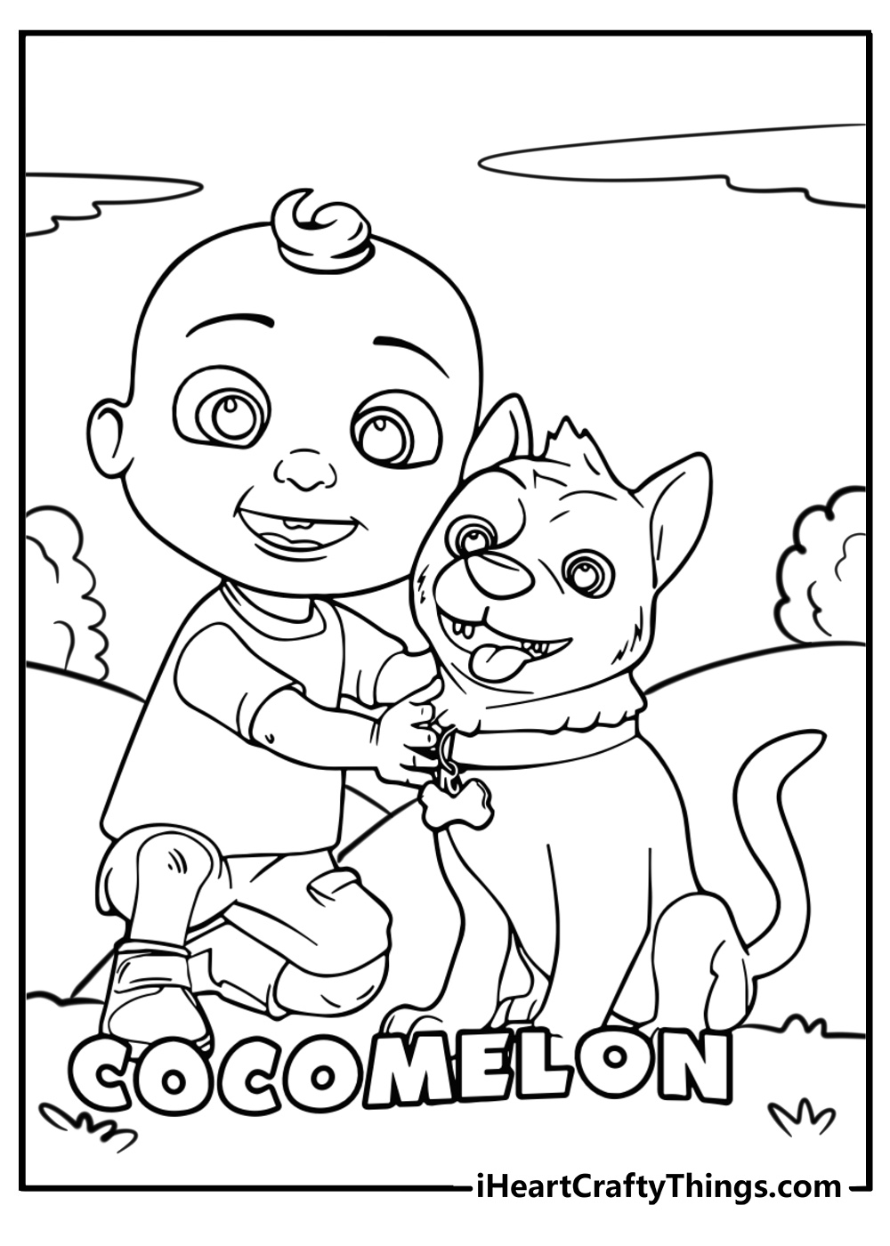 Cocomelon characters playing outside printable coloring sheet