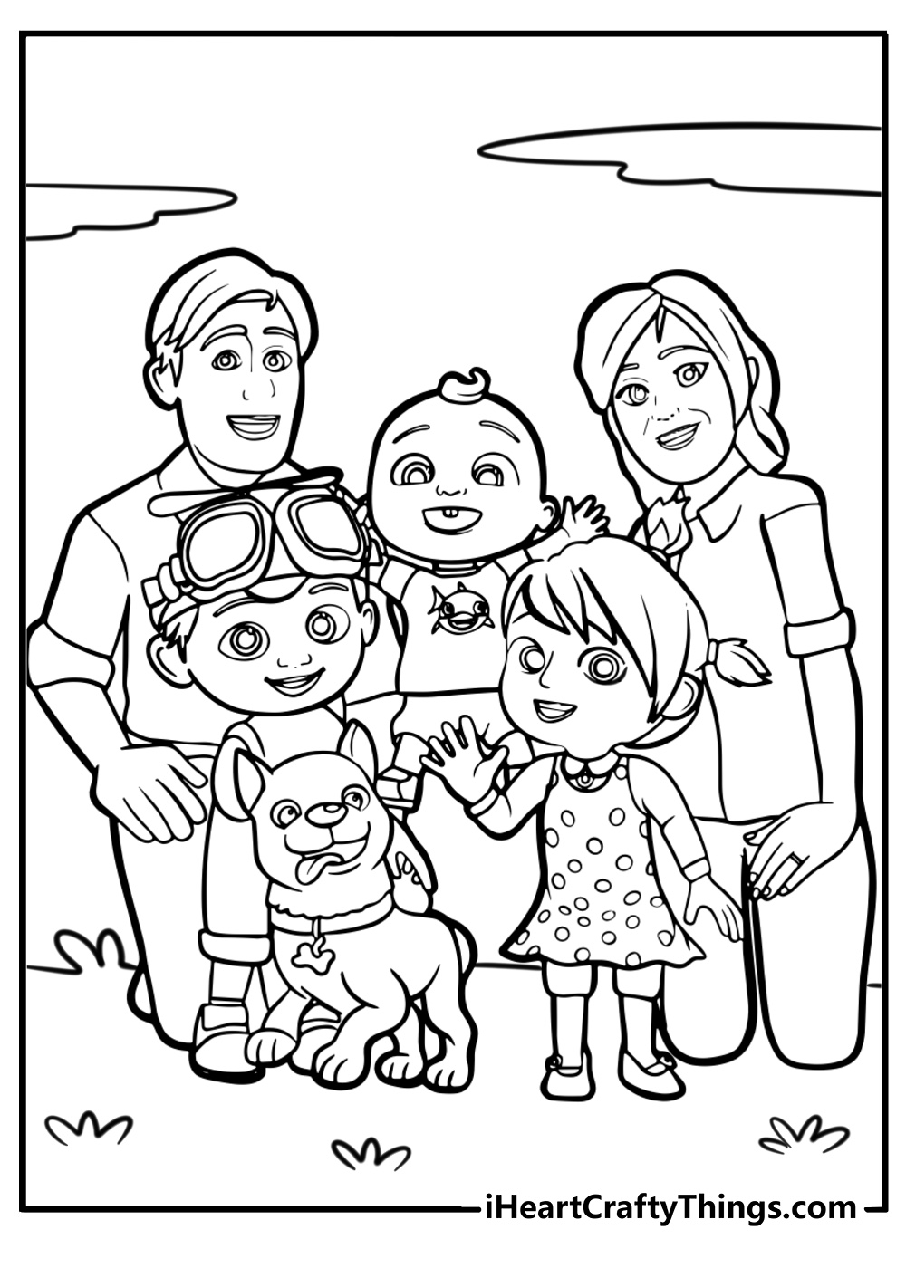 Cocomelon family having fun at the park printable coloring sheet