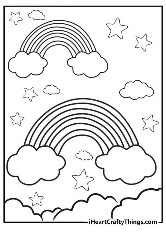 Coloring image of two identical different size rainbows with stars and clouds all around