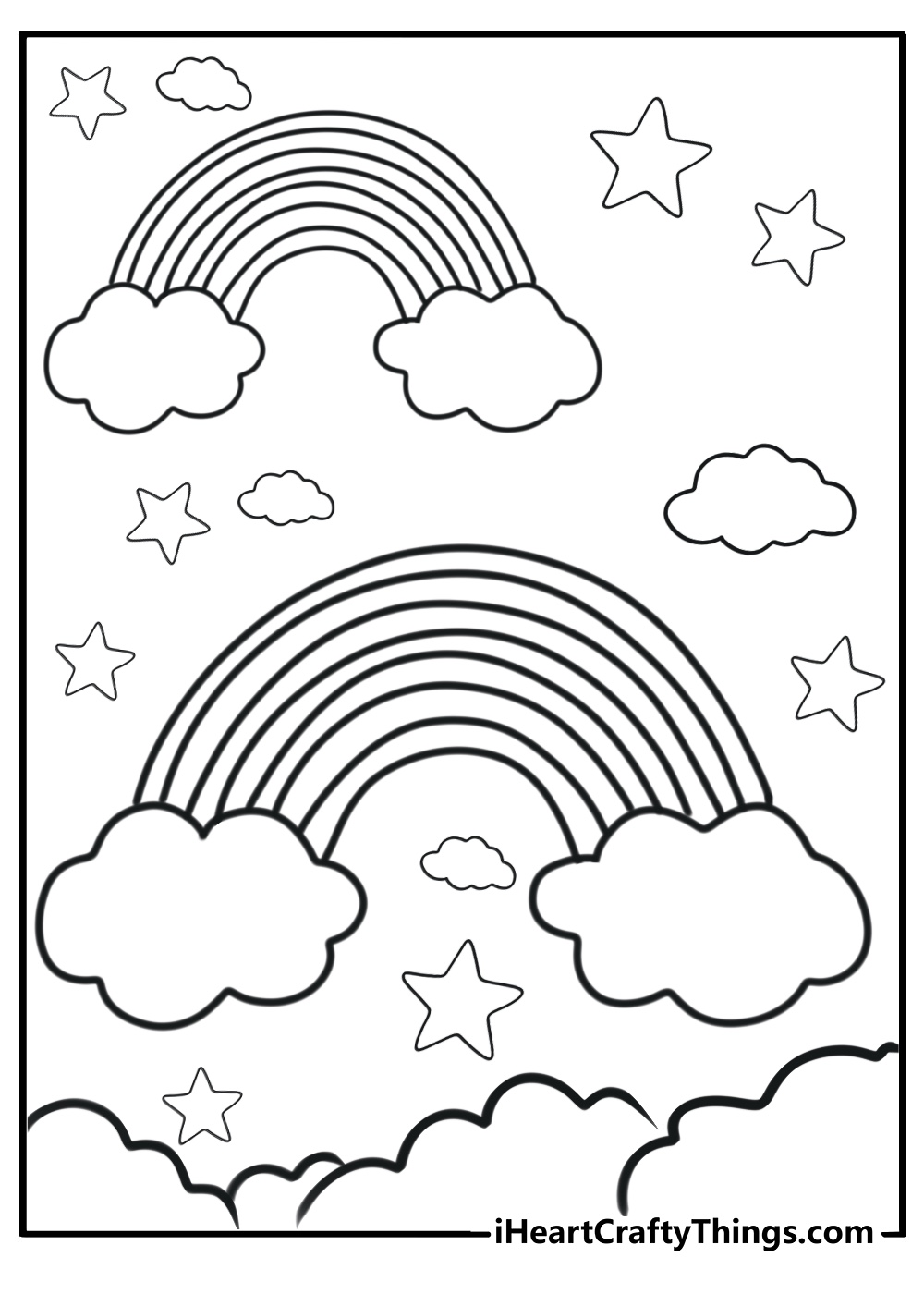 Coloring page of a rainbow with clouds and stars