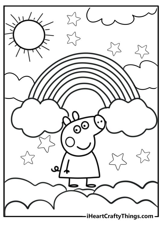 Picture of a Peppa Pig featured standing on a cloud under the rainbow with stars all around