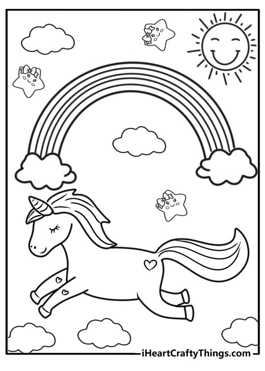 Picture for kids of a unicorn flying under the rainbow with stars and clouds in the background